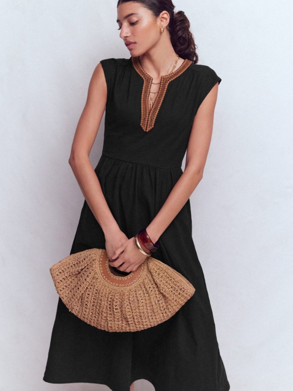 NEW Boden May Jersey Midi Dress 12 Petite 12P Black Cotton Embroidered Fit Flare